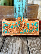 Women's American Darling Wallet Checkbook Wallet in Tan & Turquoise, hand-tooled leather floral design with turquoise inlay, with genuine hair-on hide back panel - ADBG487TANTRQI. Available at Blair's Western Wear, Marble Falls, TX.
