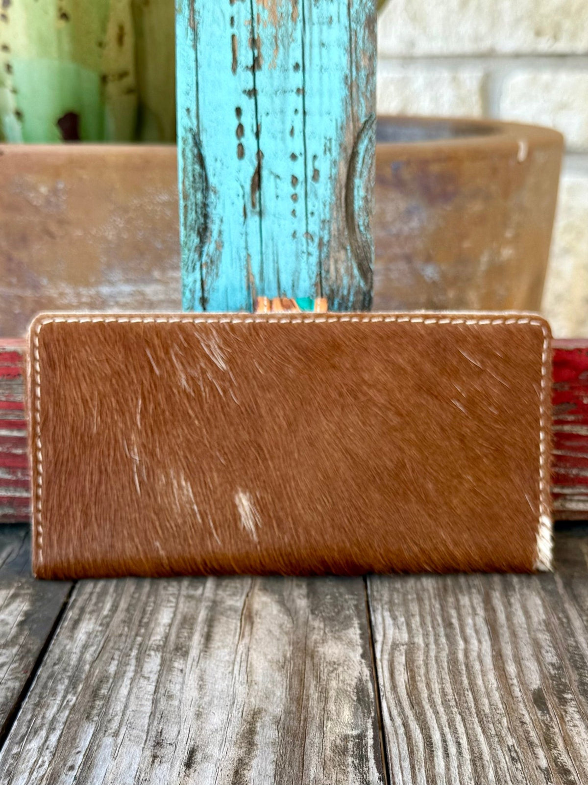 Women's Tan & Turquoise Tooled Leather & Hair-On Hide Checkbook Wallet