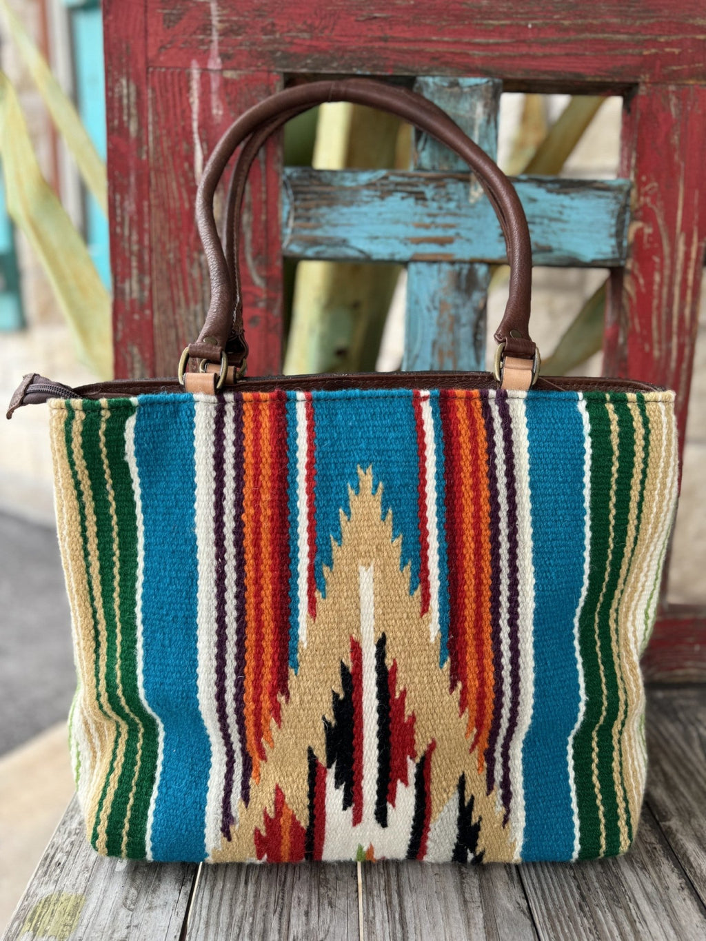 Women's Turquoise Aztec-Inspired Serape Tote with Floral Tooled Leather Yoke