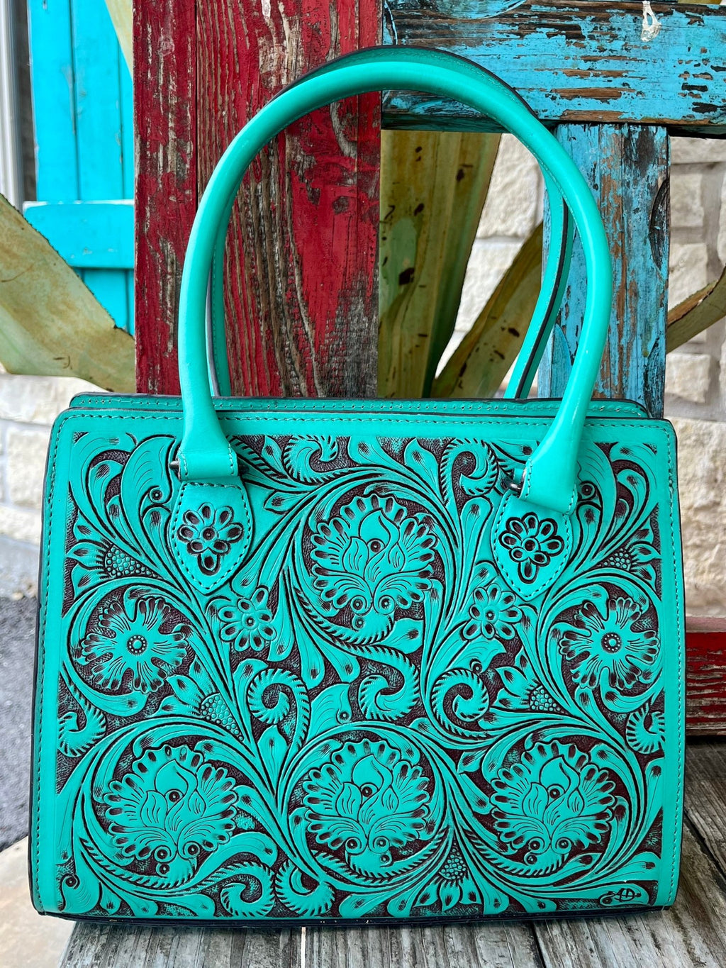 Women's Turquoise & Dark Brown Full-Coverage Floral Tooled Leather Satchel