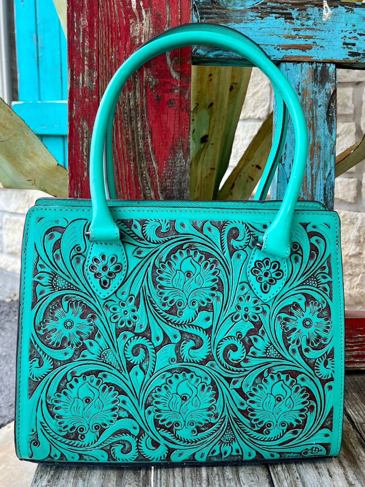 Women's Turquoise & Dark Brown Full-Coverage Floral Tooled Leather Satchel