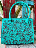 Women's Turquoise & Dark Brown Full-Coverage Floral Tooled Leather Satchel