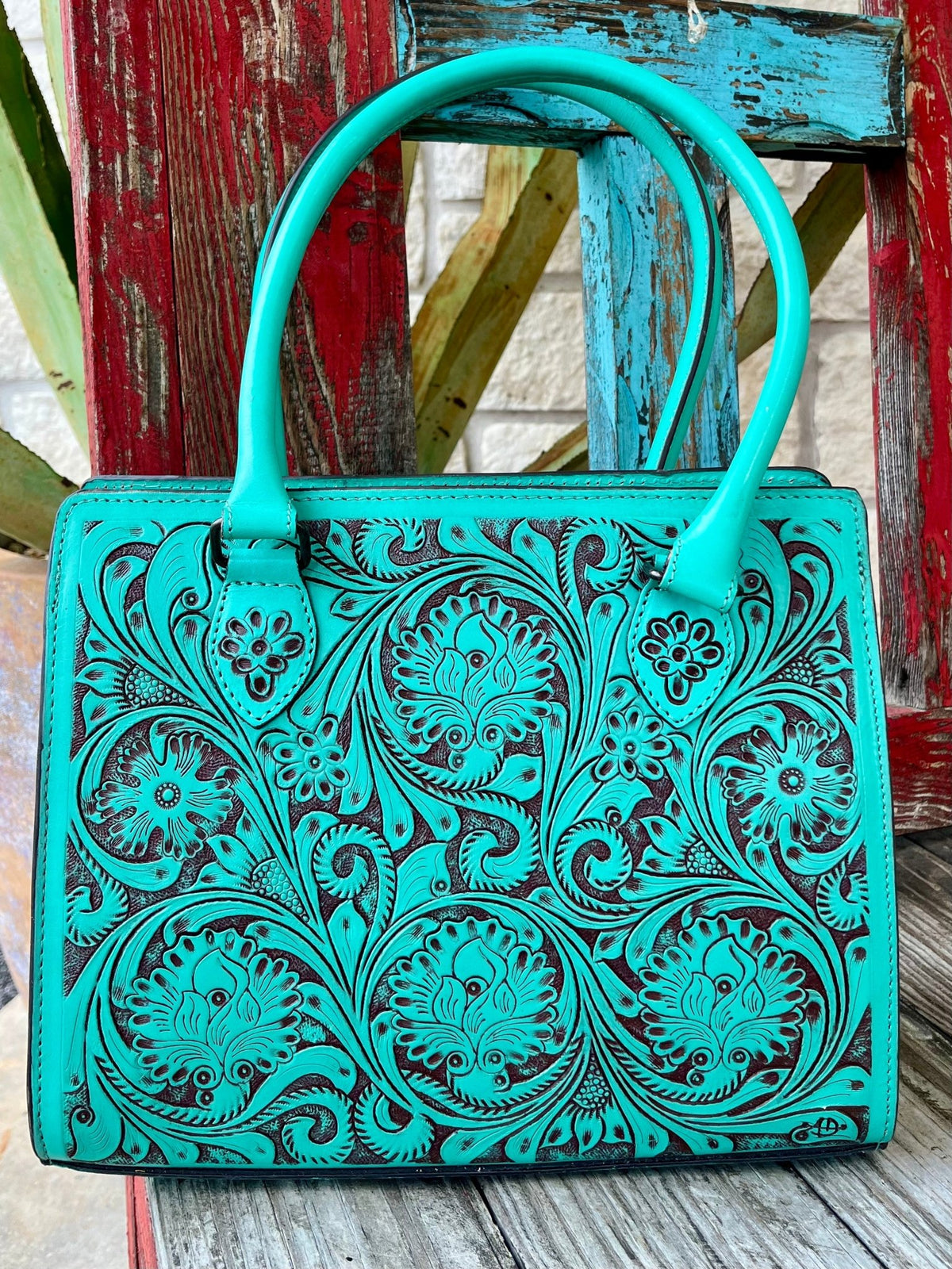 Women's Turquoise & Dark Brown Full-Coverage Floral Tooled Leather Satchel