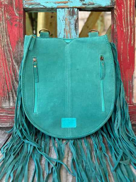Women's Turquoise Fringe Crossbody with Tooled Feather Flap