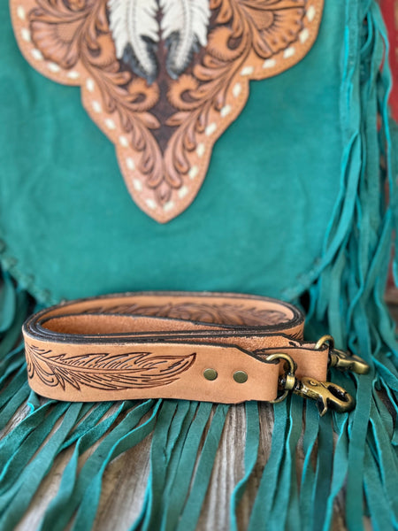 Women's Turquoise Fringe Crossbody with Tooled Feather Flap