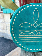 Women's Turquoise Suede Round Crossbody with Western Boot Stitch & Diamond Whipstitch