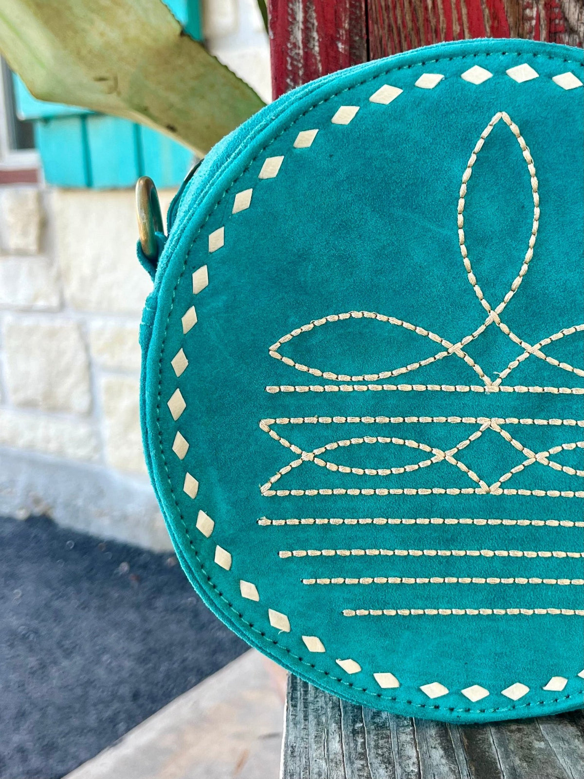 Women's Turquoise Suede Round Crossbody with Western Boot Stitch & Diamond Whipstitch