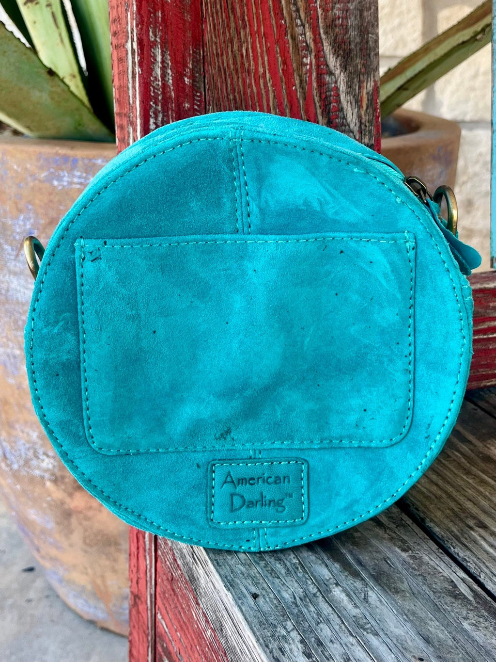 Women's Turquoise Suede Round Crossbody with Western Boot Stitch & Diamond Whipstitch