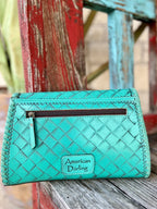 Women's Turquoise Tooled Leather & Basketweave Crossbody Clutch