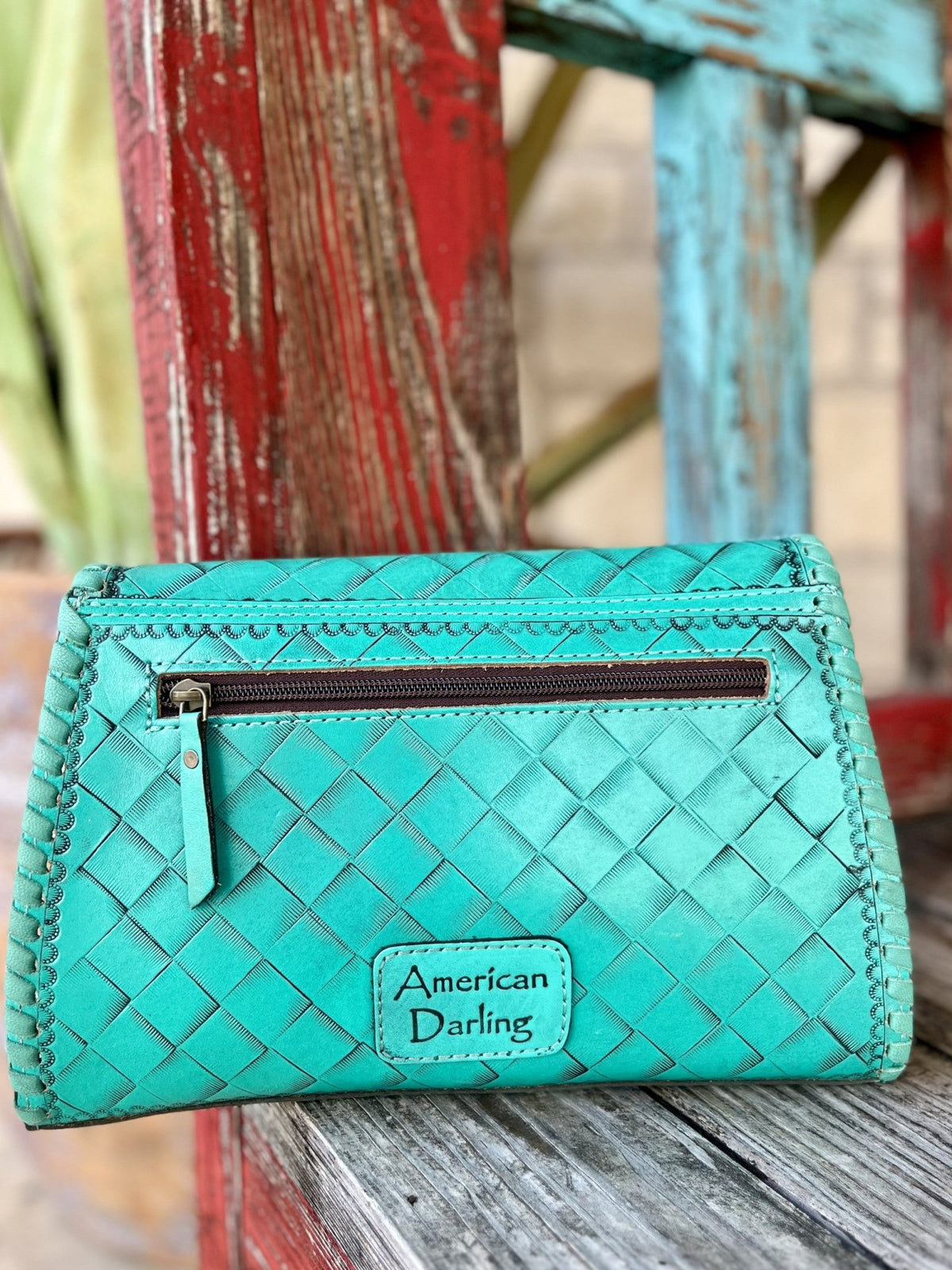 Women's Turquoise Tooled Leather & Basketweave Crossbody Clutch