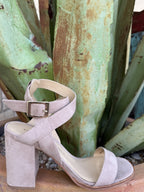 Women's vintage-rose suede open-toe heel with criss-cross adjustable ankle strap and 3½-inch heel — Blair's Western Wear Marble Falls TX