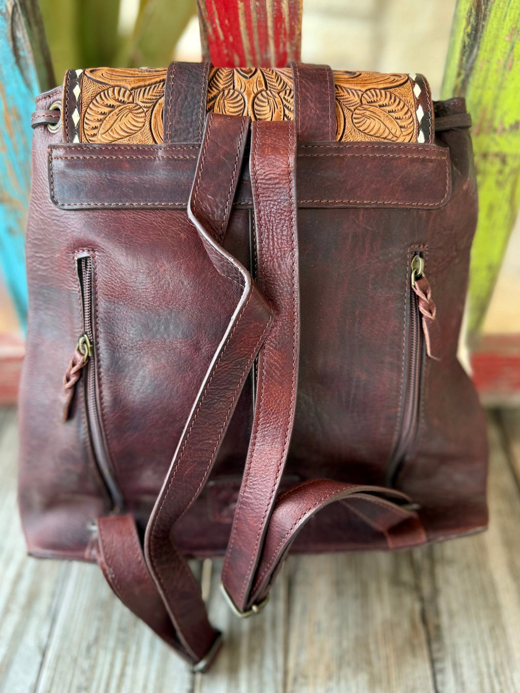 Women's White & Black Spotted Cowhide & Tooled Leather Western Backpack