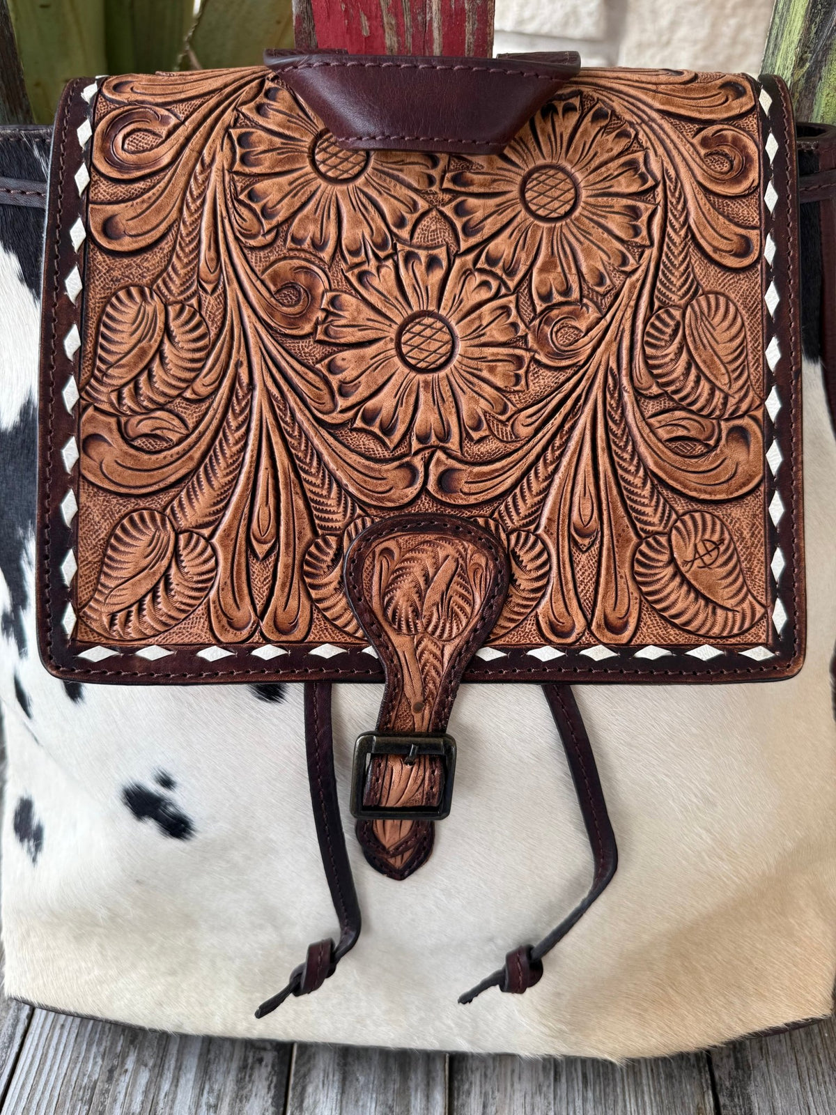 Women's White & Black Spotted Cowhide & Tooled Leather Western Backpack
