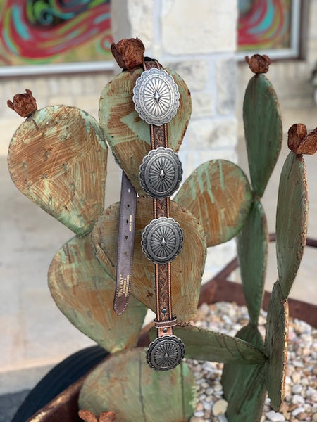 Ladies Belt - A15036508 - Brown tooled leather with Silver Conchos - Blair's Western Wear - Marble Falls, TX