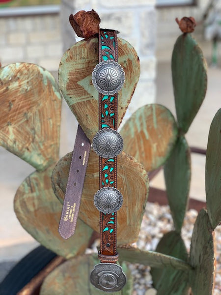 Ladies Belt - A1530633 - Brown & Turquoise tooled with Conchos - Blair's Western Wear - Marble Falls, TX