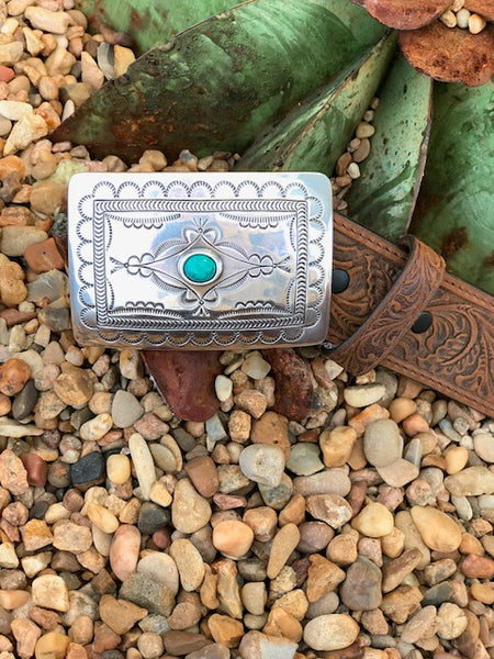 Ladies Tooled Leather BElt with Etched Square Buckle - C50189 - Blair's Western Wear Marble Falls, TX