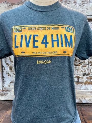 Religious T-Shirt - Live4Him - Distressed Navy and Yellow - Blair's Western Wear - Marble Falls, TX