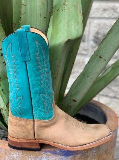 Anderson Bean, Men's Western Square toe Buffalo Boot tan foot with turquoise top - 3358M