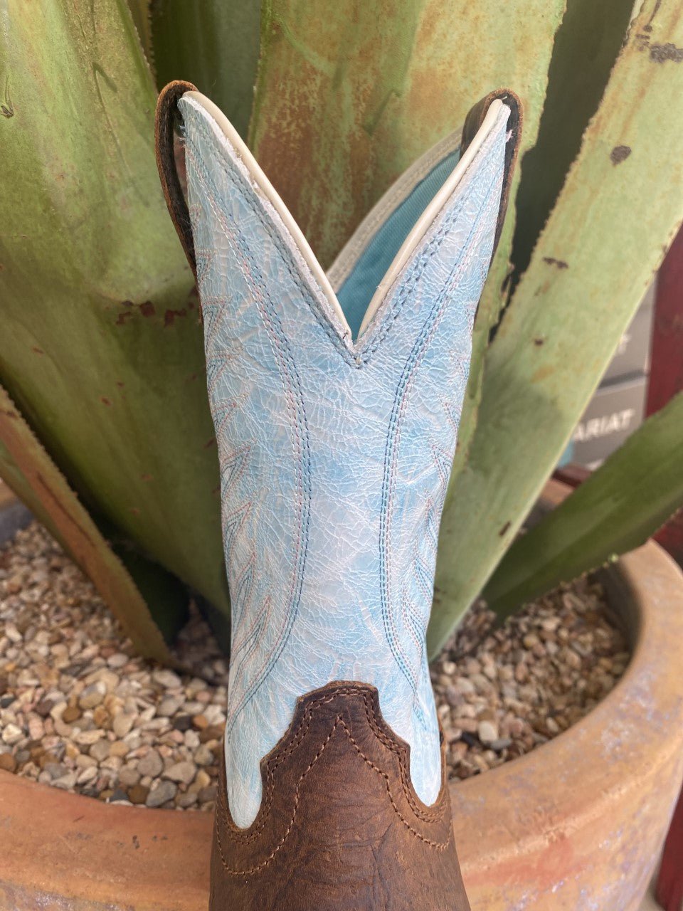Women's Ariat Boot in Brown/Baby Blue with Square Toe & Slip Resistant Sole - 10038331 - Blair's Western Wear Marble Falls, TX