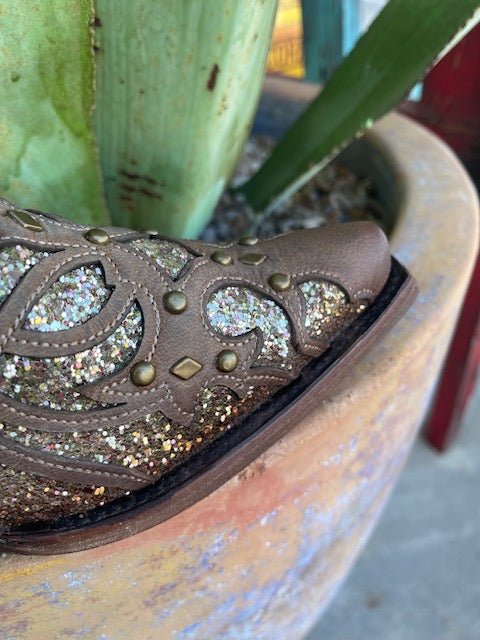 Ladies Corral Boots in Brown/Gold Glitter with Stud Detailing - C3331 - Blair's Western Wear in Marble Falls, TX