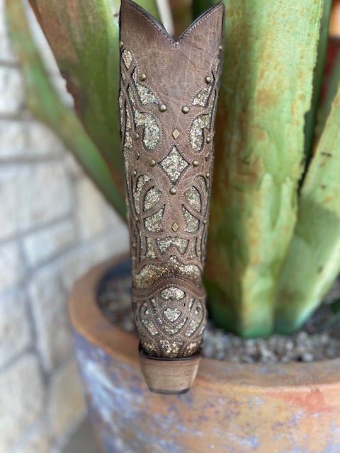Ladies Corral Boots in Brown/Gold Glitter with Stud Detailing - C3331 - Blair's Western Wear in Marble Falls, TX