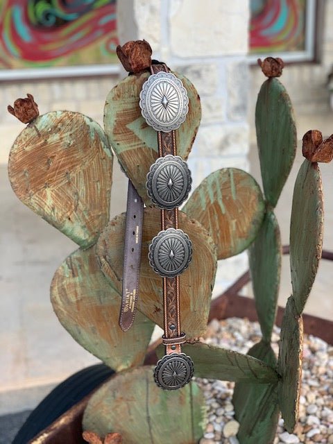 Ladies Belt - A15036508 - Brown tooled leather with Silver Conchos - Blair's Western Wear - Marble Falls, TX