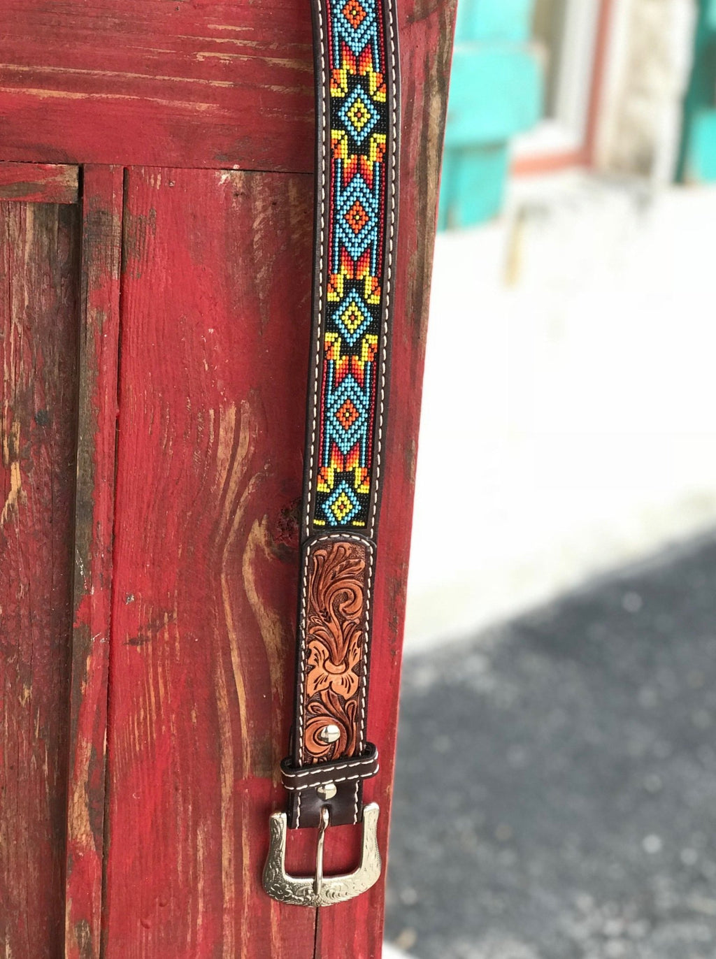 Men's Western Aztec Beaded Leather Tooled Belt - Blair's Western Wear Marble Falls, TX