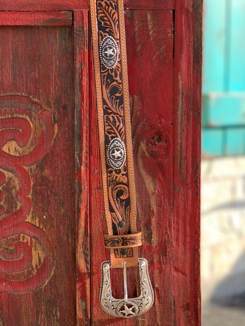 Men's Western Tooled Leather Belt with Star Concho - Blair's Western Wear Marble Falls, TX
