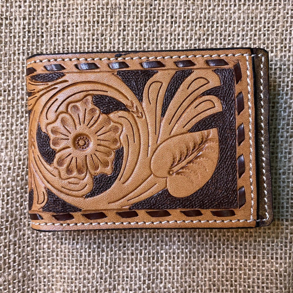 Men's Tooled Tan Leather Money Clip Bifold Wallet