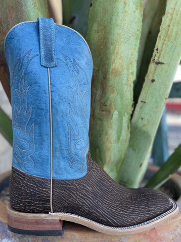 Men's Anderson Bean Shark Boot in Chocolate/Blue w/Square Toe & Walking Heel - 335585 - Blair's Western Wear Marble Falls, TX 