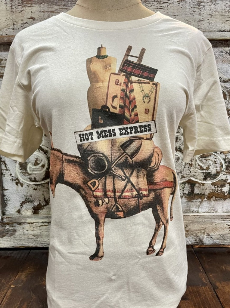 Ladies Graphic Tee that says "Hot Mess Express" in Natrual/Tan w/ Packinghorse Donkey Graphic - HOTMESSX - Blair's Western Wear Marble Falls, TX 
