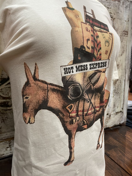 Ladies Graphic Tee that says "Hot Mess Express" in Natrual/Tan w/ Packinghorse Donkey Graphic - HOTMESSX - Blair's Western Wear Marble Falls, TX
