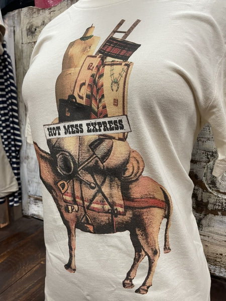 Ladies Graphic Tee that says "Hot Mess Express" in Natrual/Tan w/ Packinghorse Donkey Graphic - HOTMESSX - Blair's Western Wear Marble Falls, TX