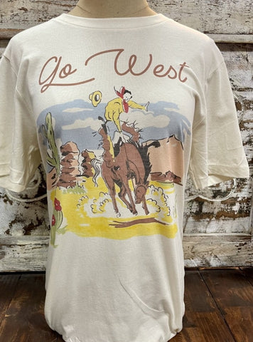 Ladies Western Graphic T-Shirt in Natural/Gold/Multi with Bucking Horse & Cowboy "Go West" - GO WEST - Blair's Western Wear Marble Falls, TX