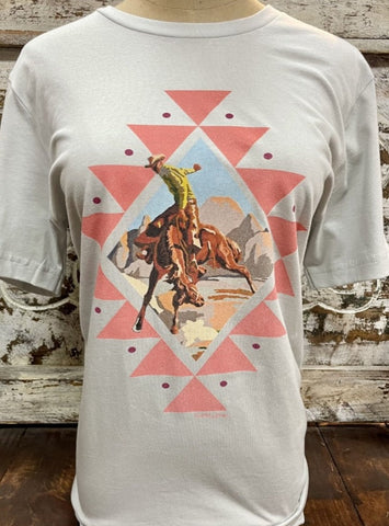 Ladies Western Graphic Tee in Peach/Slate w/ Cowboy & Bucking Horse Graphic - DIAMOND JIM - Blair's Western Wear Marble Falls, TX 