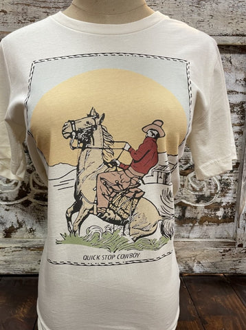 Ladies Western Graphic Tee w/ Quick Stop Horse and Cowboy saying "Quick Stop Cowboy" in Natural/Gold/Red - QUICKSTOP - Blair's Western Wear Marble Falls, TX 
