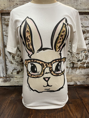 Ladies Graphic Tee with Bunny & Glasses in White/Leopard - BUNNY GLASS - Blair's Western Wear Marble Falls, TX 