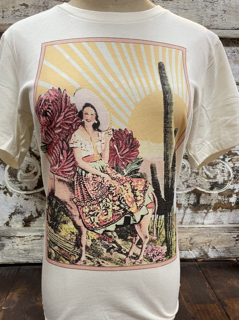 Ladies Graphic Tee in Natural/Yellow/Multi Colors w/ Sun Lady Graphic - ROSITA.T - Blair's Western Wear Marble Falls, TX 