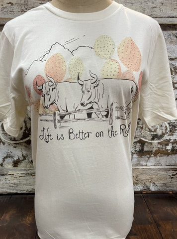 "Life is Better on the Ranch" Ladies Western Graphic Tee in Natural/Peach/Yellow - RANCH LIFE - Blair's Western Wear Marble Falls, TX 