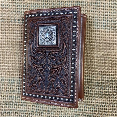 Men's Western Chocolate Leather Tooled Concho Star Trifold Wallet - Blair's Western Wear Marble Falls, TX