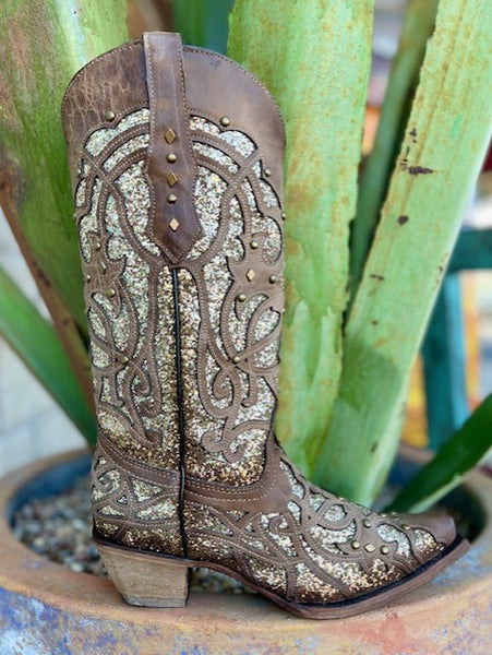 Ladies Corral Boots in Brown/Gold Glitter with Stud Detailing - C3331 - Blair's Western Wear in Marble Falls, TX 