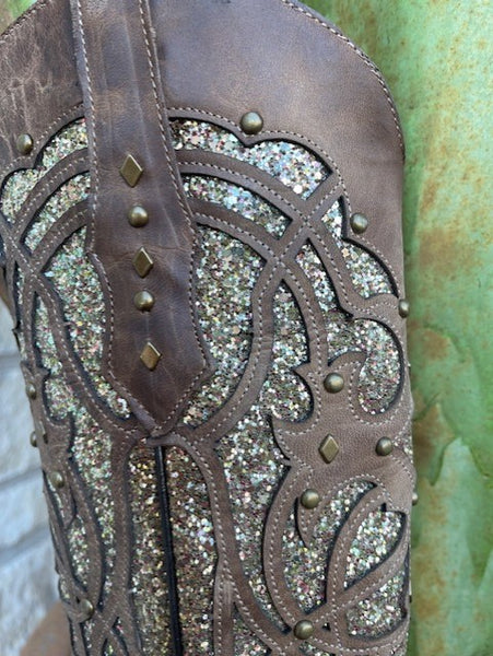 Ladies Corral Boots in Brown/Gold Glitter with Stud Detailing - C3331 - Blair's Western Wear in Marble Falls, TX