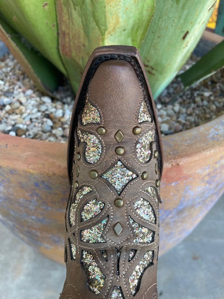 Ladies Corral Boots in Brown/Gold Glitter with Stud Detailing - C3331 - Blair's Western Wear in Marble Falls, TX
