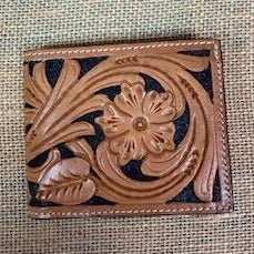 Men's Bifold Wallet black background with floral tooled leather overlay - XH107B - Blair's Western Wear - Marble Falls, TX 