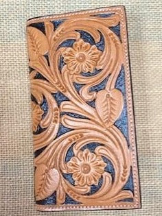 Men's Checkbook Wallet Tooled Leather with Black Background - XH106 - Blair's Western Wear - Marble Falls, TX