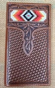 Men's Checkbook Wallet with Basket Weave Leather Tooling & Aztec Bead Work - N500020008 - Blair's Western Wear - Marble Falls, TX