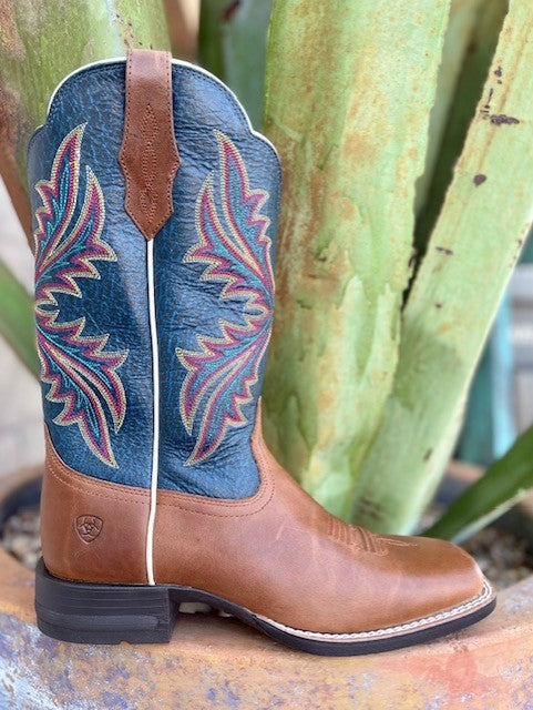Women's Ariat Western Boot in Cognac/Blue with a Walking Heel and Square Toe - 10035986 - Blair's Western Wear Marble Falls, TX 