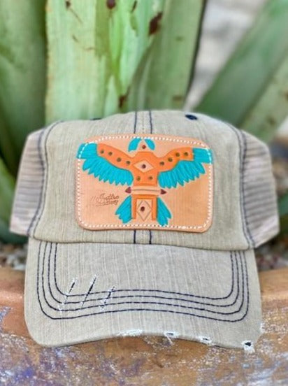 Ladies Grey Distressed Cap with Tooled Leather Thunderbird Patch - Blair's Western Wear - Marble Falls, TX
