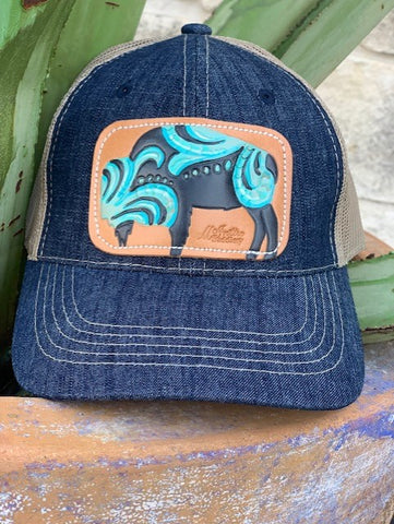 Ladies Denim Cap with leather hand tooled painted buffalo patch by McIntire Saddlery