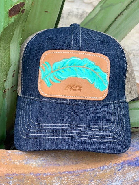 Ladies Boho western leather feather patch cap by McIntire Saddlery cap turquoise